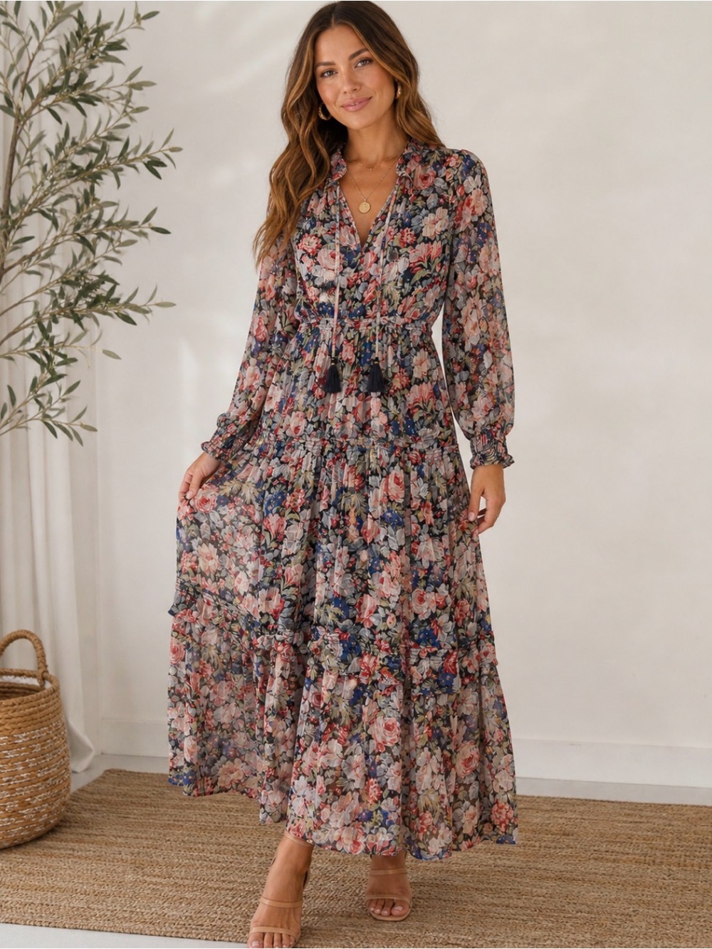 Anthropologie Floral Tiered Maxi Dress - Pink, Blue, Green